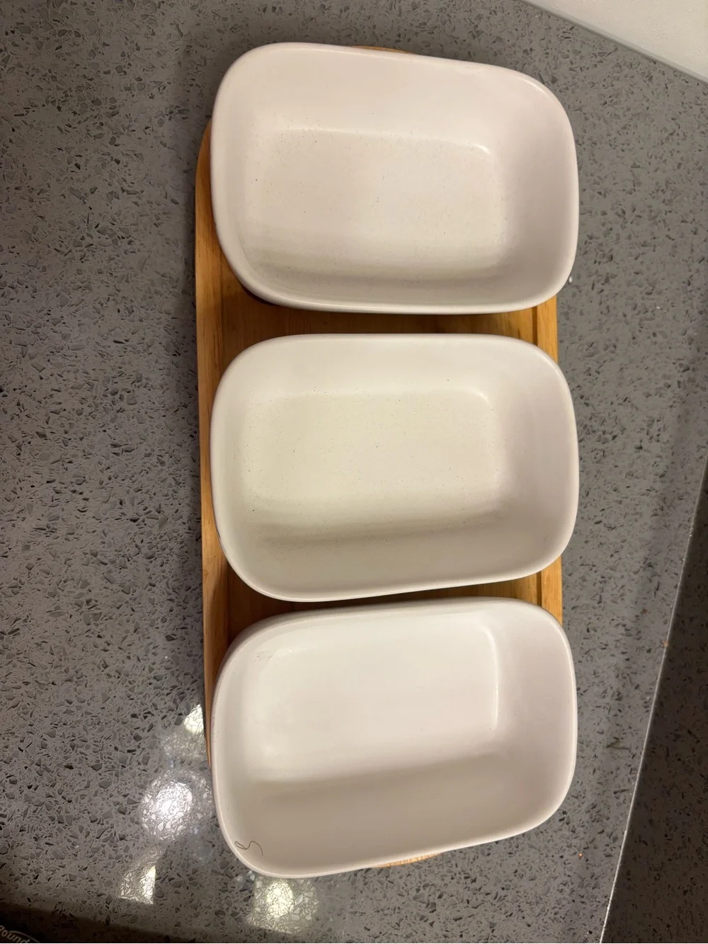 Crate & Barrel White Ceramic Triple Serving Dish on Bamboo Tray
